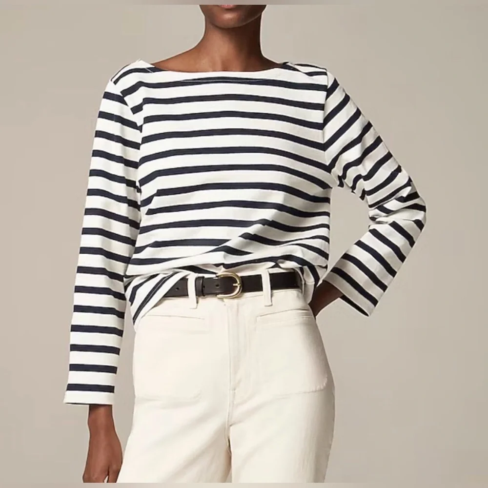 J.Crew Mariner Cotton Boatneck Tee Black White Stripe Cropped Women's M NWOT